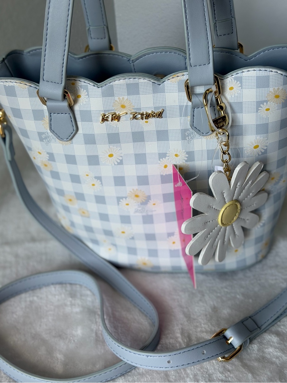 Betsey Johnson Blue Gingham Plaid Daisy Charm Scalloped Edge XOBLOOM Tote Bag - Picture 8 of 11